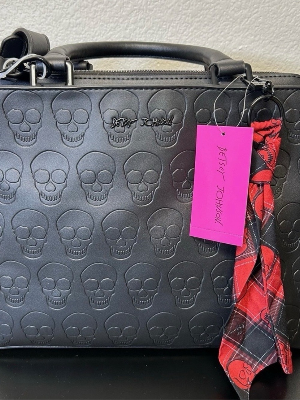 Betsey Johnson Black Embossed Skull Satchel with Red Plaid Scarf Accent